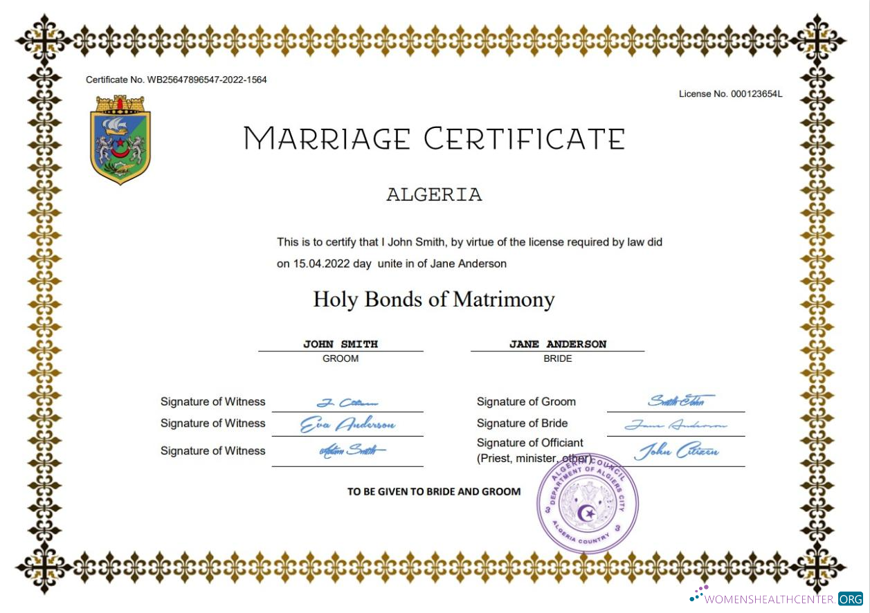 Download Algeria marriage certificate Word and PDF template Photoshop template